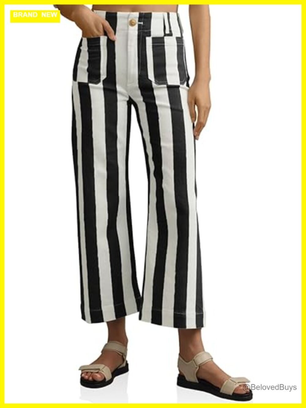 High Waisted Cropped Striped Straight Leg Jeans with Pockets